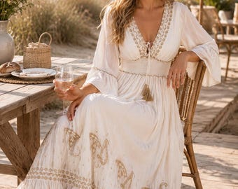 Ivory Boho Artisan Hand Embroidered | Bohemian Luxury Dress | Coastal Resort |  Vacation | Wedding Dress |  Special Occasion Outfit