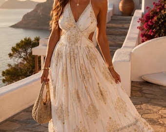 Ivory Gold Maxi Dress | Boho Resort Dress | Santorini Style Maxi | Mediterranean Vacation Dress | Coastal Occasion Wear/Bohemian Luxury