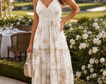 Ivory Gold Floral Maxi Dress | Boho Resort Dress | Botanical Print Maxi | Winery Weekend Dress | Coastal Special Occasion Wear | Boho Luxury