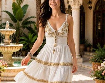 Ivory & Gold Boho Mini Dress | Bridal Shower| Rehearsal Dinner Outfit | Engagement Party Dress |Honeymoon Resort
