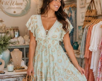 Seafoam or Blush Boho Dress Paisley Mini Sundress | Blush Boho Dress | Coastal Vacation | Flutter Sleeve Dress | Beach Town Summer Dress
