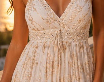 Ivory Gold Embroidered Boho Maxi Dress, Tiered Beach Wedding Gown, Mediterranean Resort Dress