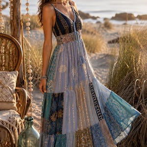 Dusk Blue  Patchwork Maxi Sundress Gold Metallic Boho, Flowy Artisan Wedding guest Dress