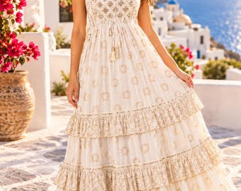 Boho Maxi Dress, Smocked Bodice, Tassels,Lurex Print, Adjustable Straps, Tiered Skirt, Vacation Wear