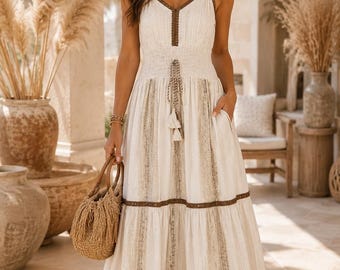 Coastal Boho Maxi Dress | Smocked Waist, Gold Detail, Pockets, Wedding Beach, Vacation