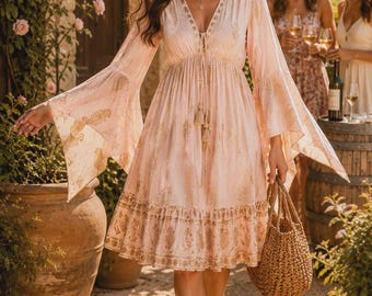 Blush Boho Mini Dress with Gold Paisley | Flowy Beach Vacation Resort Tunic | Wedding Guest | Bridal Shower Dress