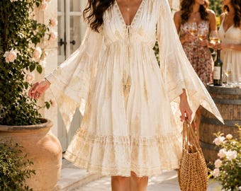 Boho Beach Ivory Cream & Gold Paisley | Coastal Wedding Rehearsal Honeymoon Vacation Mini Dress