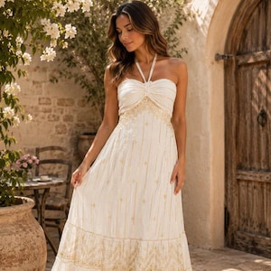 embroidered greek dress GREEK ARCHAIC KORI feather-embroidered Tiered Midi Dress | White