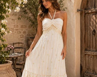 Boho Maxi Dress | White Gold Embroidered Halter | Resort Vacation | Destination Wedding Dress | Mediterranean Wear