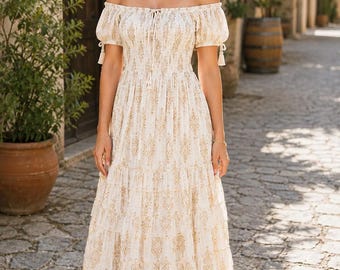 Ivory Boho Dress Maxi | Tiered Tassel Sleeve Dress | Romantic Cottage Style