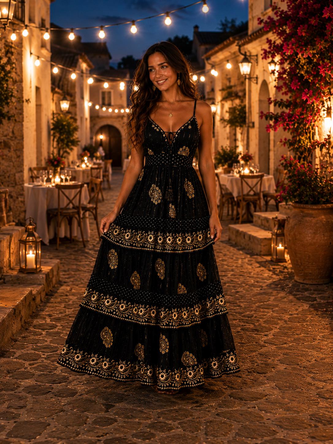black and gold boho dress Maxi, Embroidered, Evening Dress, Resort Cocktail Dress, Bridal Event, Wedding guest Formal dress