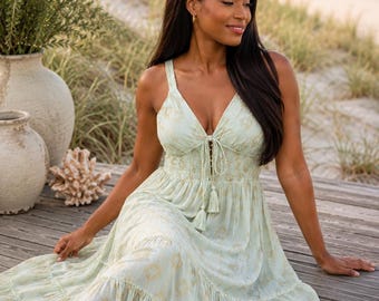 Blush or Mint Boho Maxi Dress | Gold Embroidery Sundress, Tassel Tie, Tiered Skirt, Wedding Guest