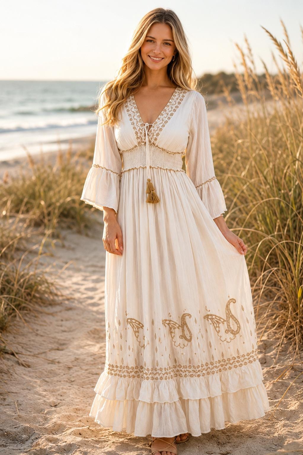 boho holiday dress Ivory Artisan Hand Embroidered | Bohemian Luxury | Coastal Resort | Vacation | Wedding Dress | Special Occasion Outfit Size (FR):32 Stylish Black dress with Photoshoot_Boudoir Finished with decorative tassel