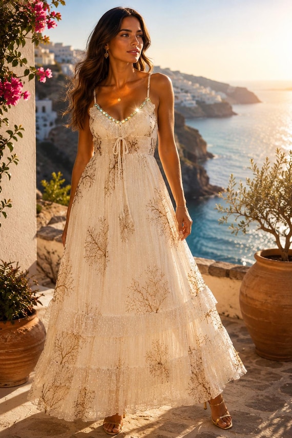 cream colored maxi dresses Coral Coast Dress | Ivory Coastal Maxi Dress | Resort Vacation Wear | Mediterranean Style Dress Color:Coast Women's Fabric Mixed Midi VIDEO POSTED Cocktail dresses Can be worn as