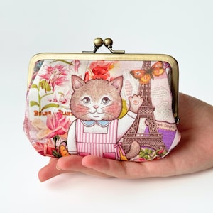 Cat Pouch, Coin Purse, Makeup Bag, Small Wallet, Card Case, Floral Design, Kiss Lock