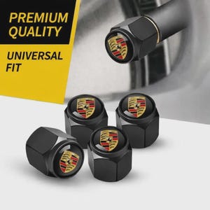 May include: Black tire valve stem caps with the Porsche logo. The caps are hexagonal and have a glossy finish. The image also includes text that reads "PREMIUM QUALITY" and "UNIVERSAL FIT" in a yellow box.