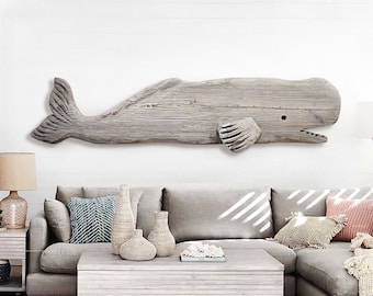 Driftwood Whale 52 inch Gray Wood 2D Sculpture Beach Décor by SEASTYLE