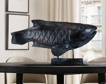 Wood teak Fish on Stand Black 24x12x8" 3D Beach Décor by SEASTYLE