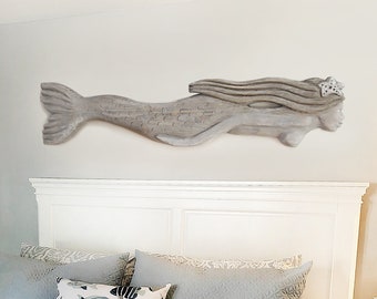 Sirène en bois flotté 52 x 11 x 2 po. Sculpture 2D décoration de plage par SEASTYLE