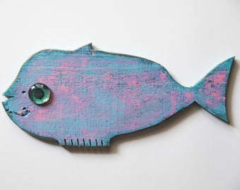 Coastal Decor Fish 12x6" Pink Turquoise Reclaimed Wood 2D Beach Décor Sculpture by SEASTYLE