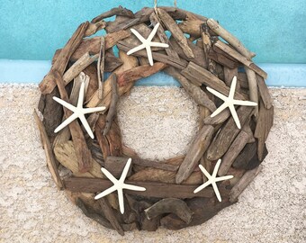 Coastal Decor 18" Driftwood Wreath Flat White Finger Starfish Beach Décor by SEASTYLE