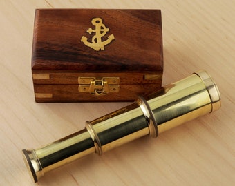 Brass Telescope 6" Extended Nautical Wood Box SeaStyle