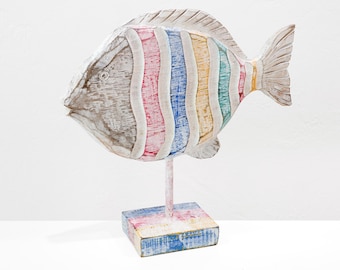 Wood Fish on Stand, Whitewashed Beach Décor by SEASTYLE