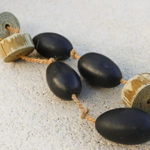 Net Floats Vintage Wood  Black Wood Ball Strings Nautical Beach Decor by SEASTYLE