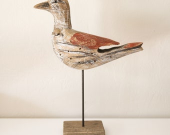 Driftwood Bird Red on Stand Wood Sculpture 15" Beach Décor by SEASTYLE