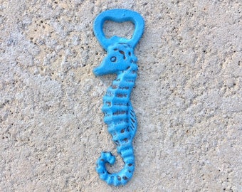 Beach Decor Sea Horse Bottle Opener Blue Cast Iron Distressed by SEASTYLE