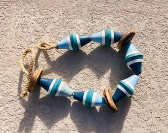 Fishing Floats On String Beach Decor Vintage White Blue Green Nautical