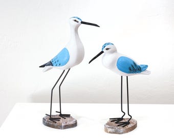 Handcrafted Sea Blue Birds on Stand, Reclaimed Wood Coastal Decor