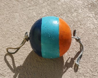 Wood Round Buoy Vintage Beach Decor, Very Rare Blue, Orange