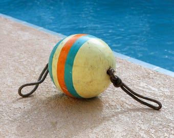 Wood Round Buoy Beach Decor, Very Rare Turquoise Yellow Vintage