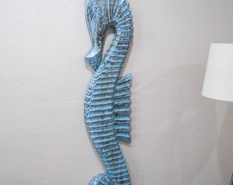 Seahorse 47" Blue Wooden Wall Art Beach Décor by SEASTYLE