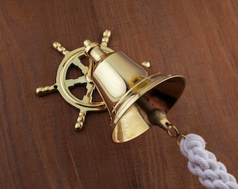 Brass Steering Wheel Ship Bell Rope Nautical Maritime Wall Decor Beach Decor, SEASTYLE