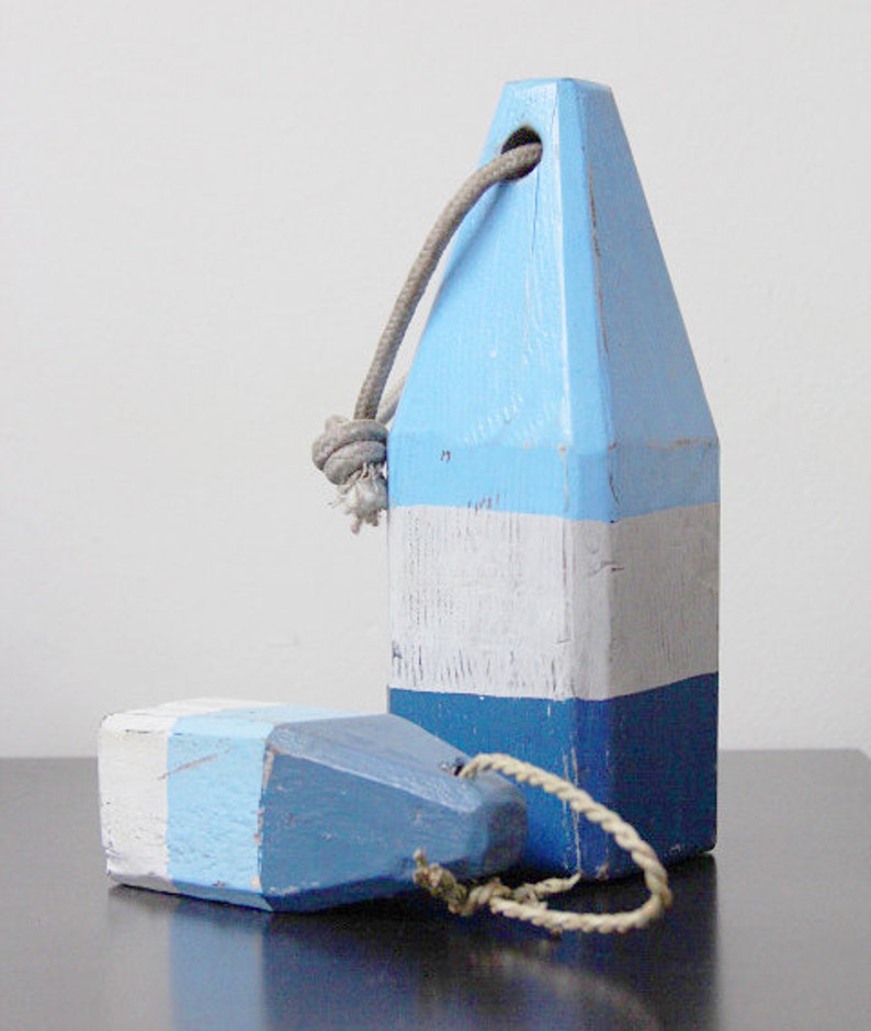 Coastal Decor Set Blue White Navy Lobster Buoy Nautical Vintage Style Wooden by SEASTYLE image 2