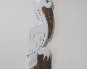 Hand-Carved Wood Pelican Sculpture, Rustic Coastal Wall Decor, 25 Inch Salvaged Driftwood Figurine