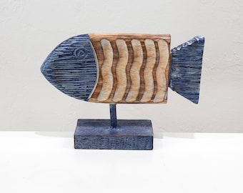 Blue Brown Wood Fish on Stand, Whitewashed Beach Décor by SEASTYLE