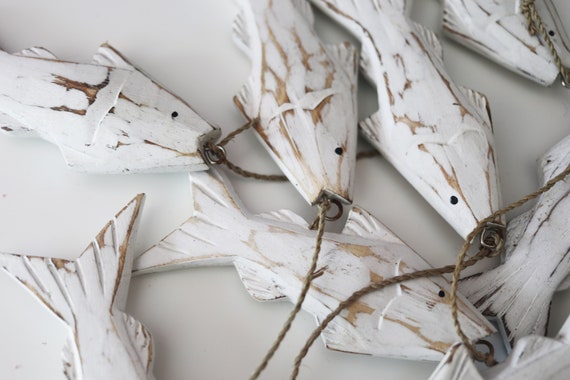 Wood Fish Garland White Washed Vintage Style Beach Decor by SEASTYLE