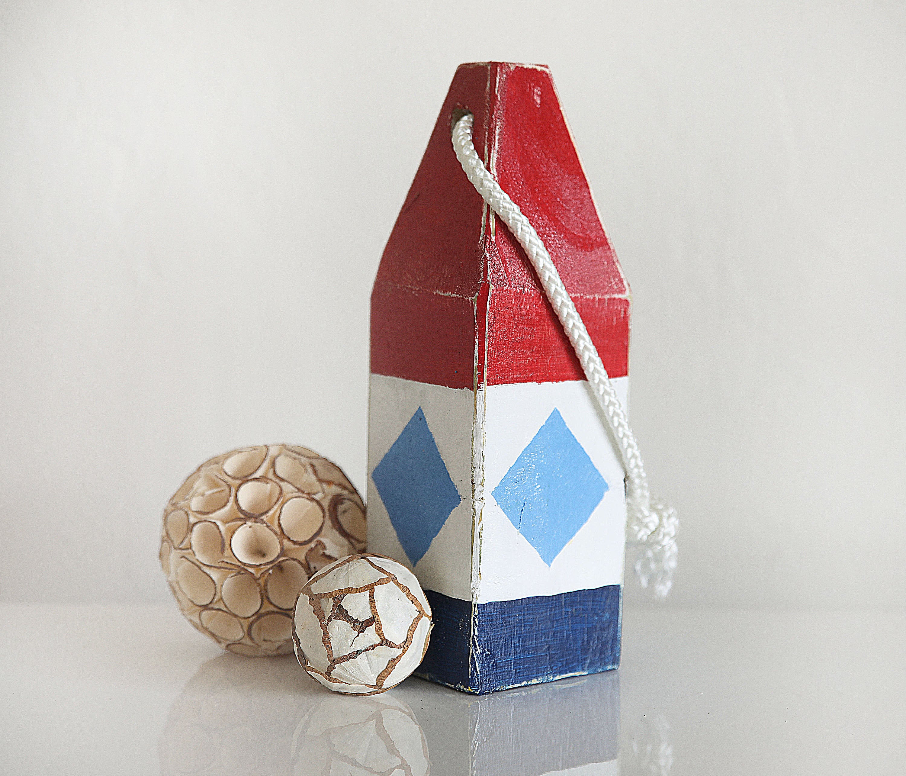Coastal Decor, 11" Lobster Buoy Red Blue White Gray, Nautical Wooden By Seastyle