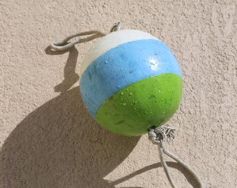Wood Round Buoy Vintage Beach Decor, Very Rare Green, Blue, White