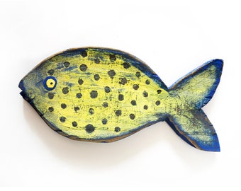 Coastal Decor Fish 12x6" Yellow Blue Dots Reclaimed Wood 2D Beach Décor Sculpture by SEASTYLE