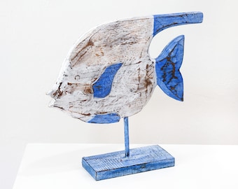 DriftWood Fish on Stand, White Blue Beach Décor by SEASTYLE