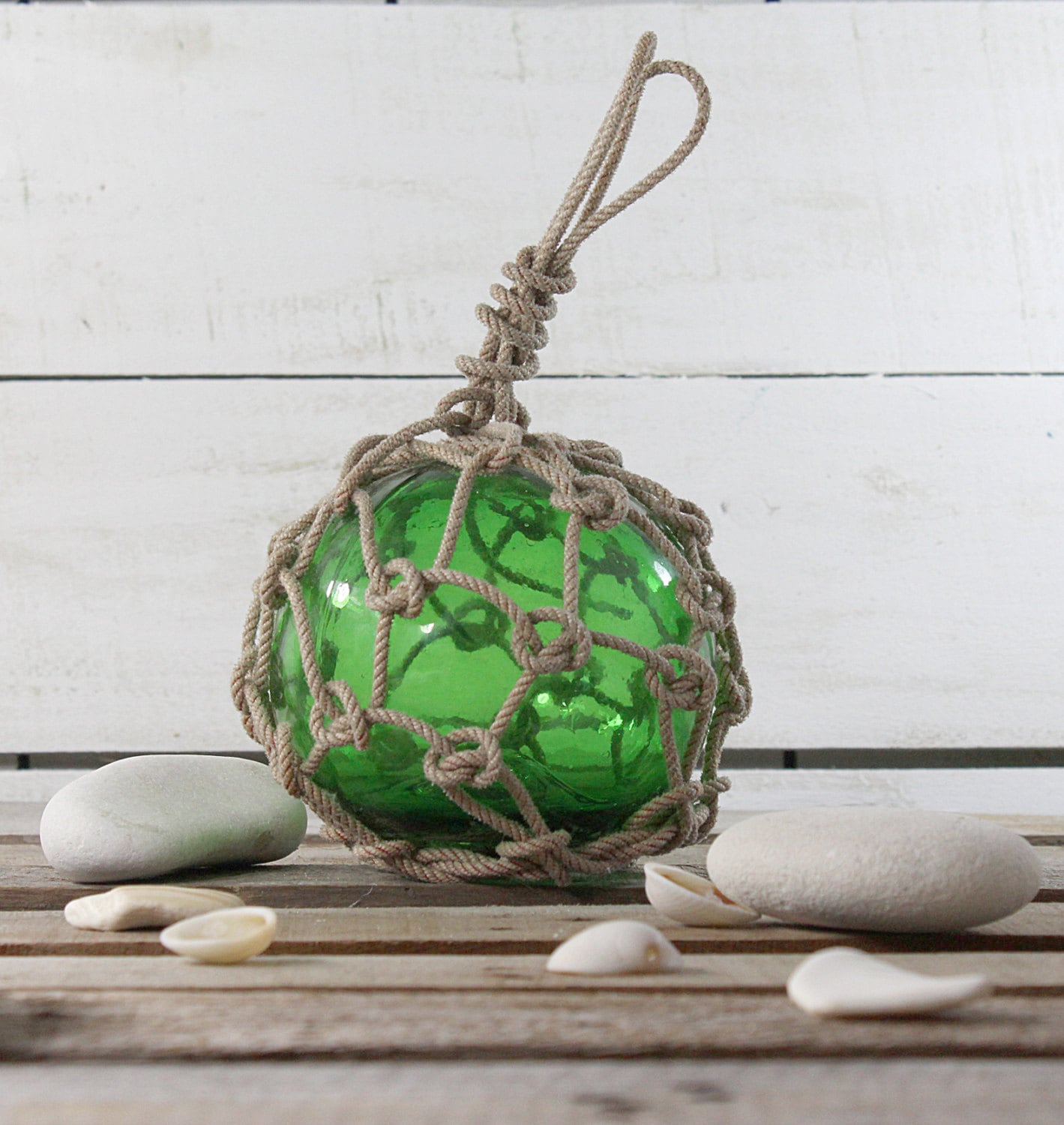 Beach Decor Fishing Float in Rope Netting Green Glass 6 by SEASTYLE -   Australia