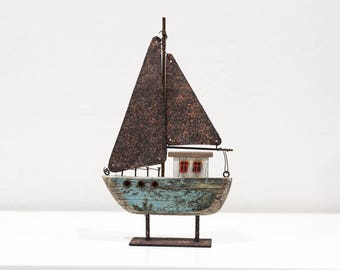 Beach Decor, Driftwood Decorative Boat Figurine Rustic Style by SEASTYLE
