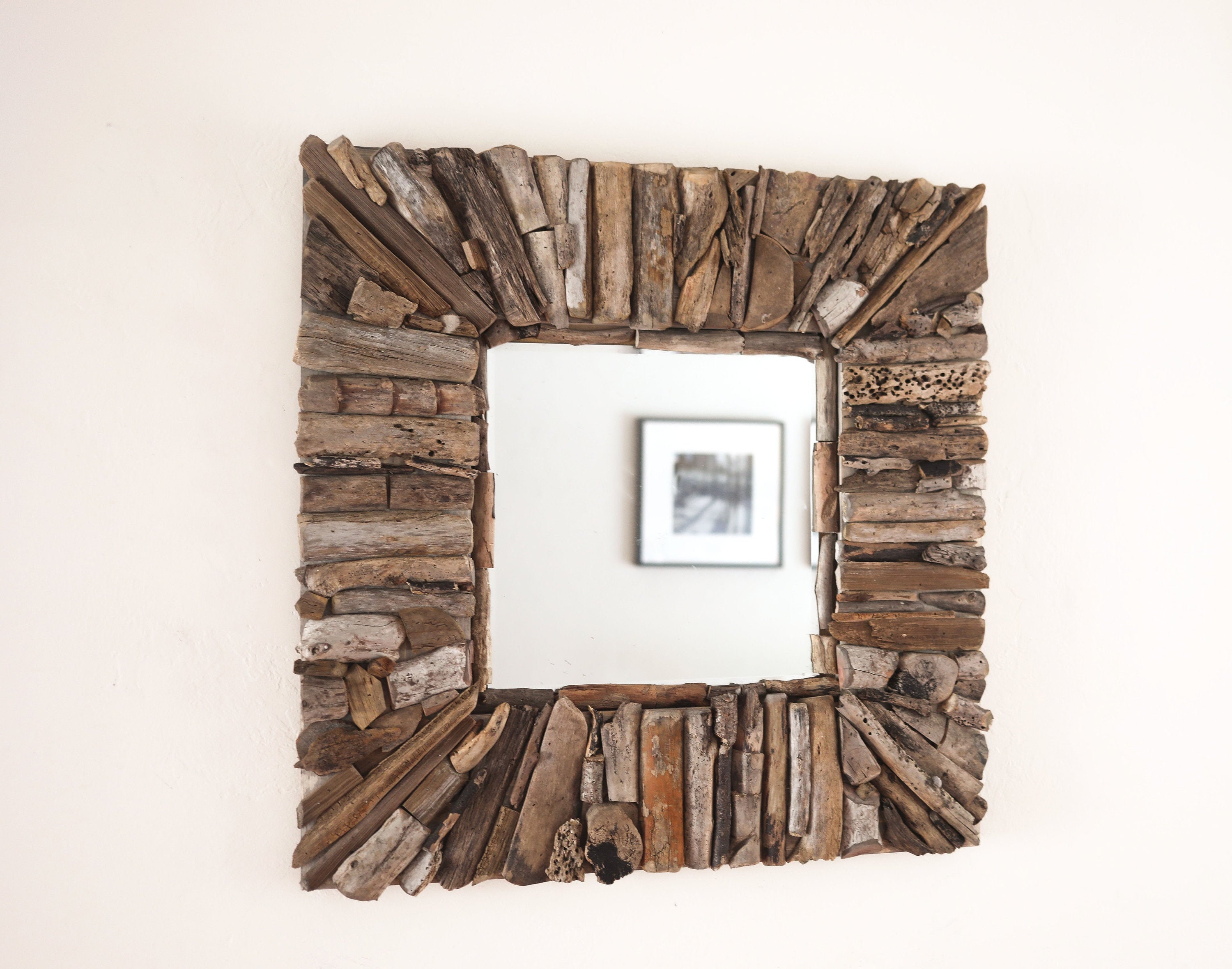 Beach Decor Driftwood Handmade Mirror 32x32inch Rustic By Seastyle