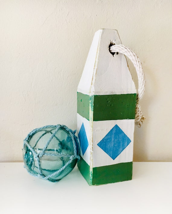 Beach Decor Set Green Blue wood Buoy and Antique Japanese Glass Fishing Float in Rope by SEASTYLE