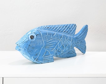 Handmade Blue Driftwood Fish Sculpture, Coastal Beach Decor Ocean Cottage Accent
