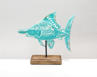 Emerald Wood Fish on Stand, Whitewashed Beach Décor by SEASTYLE
